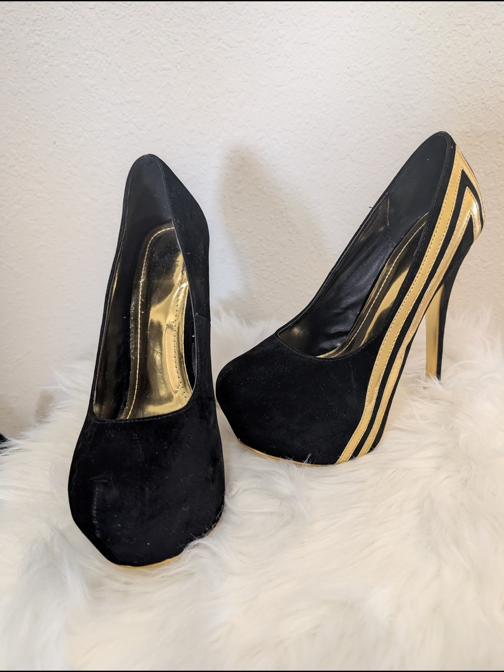 Black Suede High Heel Pumps with Gold Accent